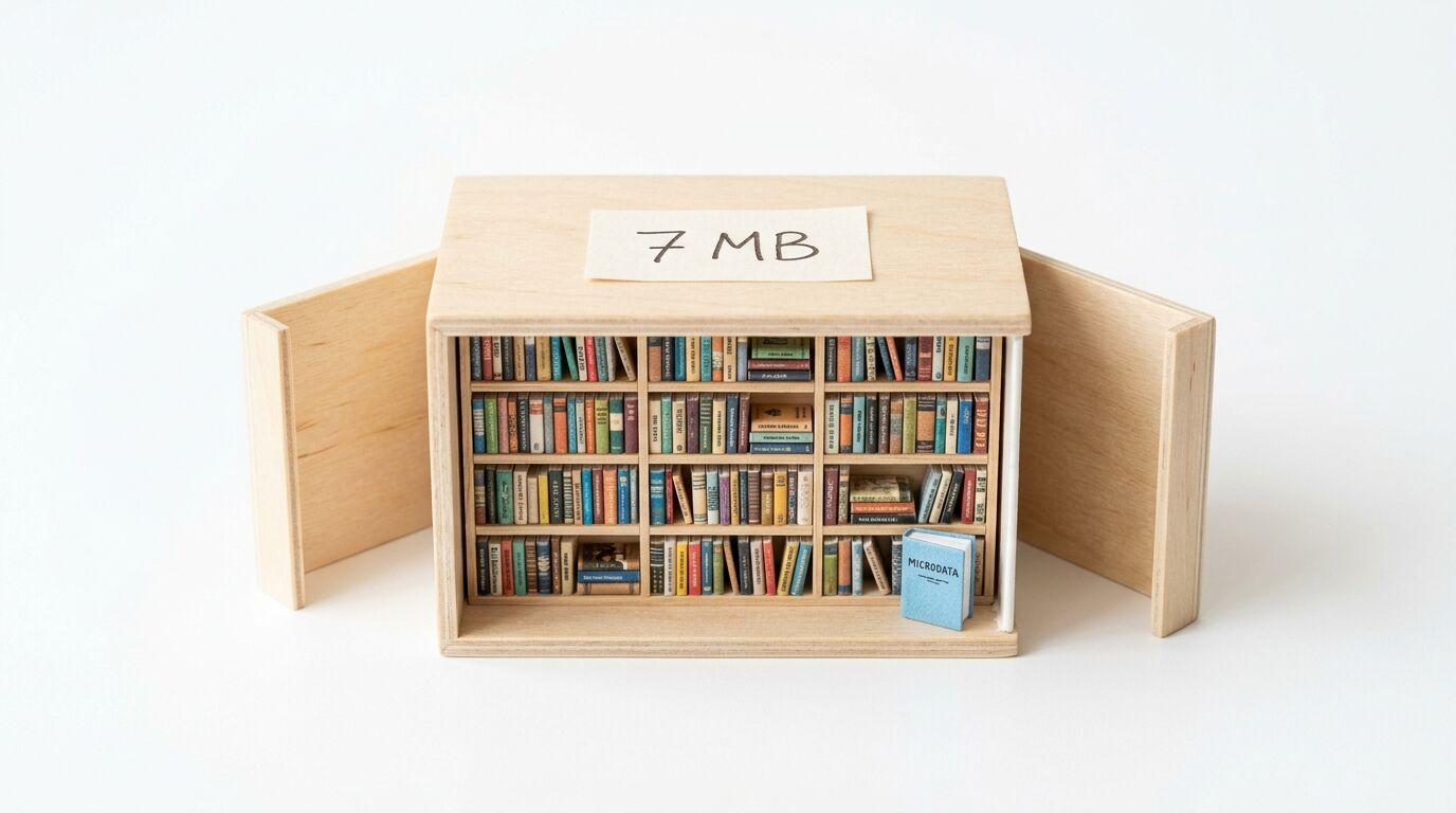 Miniatur-Bücherregal in Holzbox, beschriftet mit „7 MB“