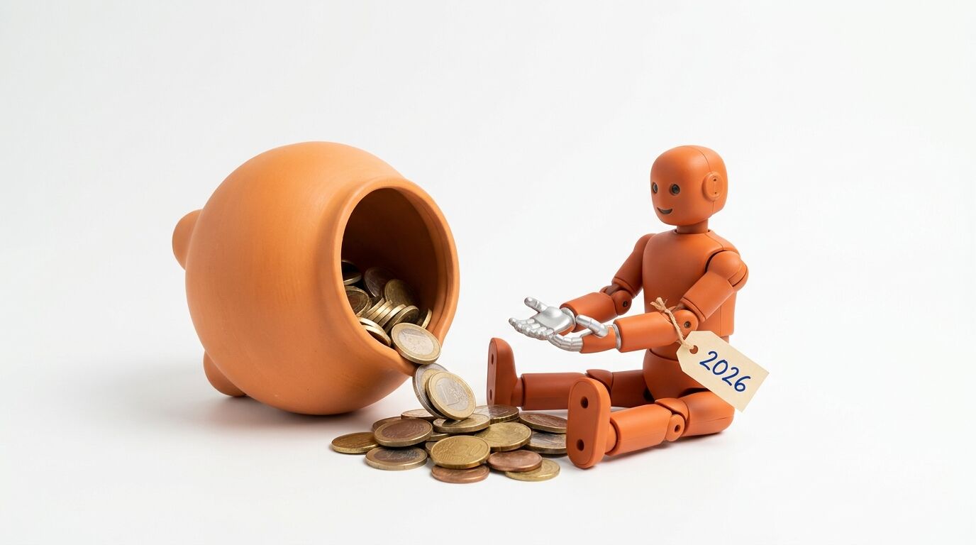 Roboterfigur neben liegendem Tontopf, aus dem Münzen rollen, mit Etikett „2026“