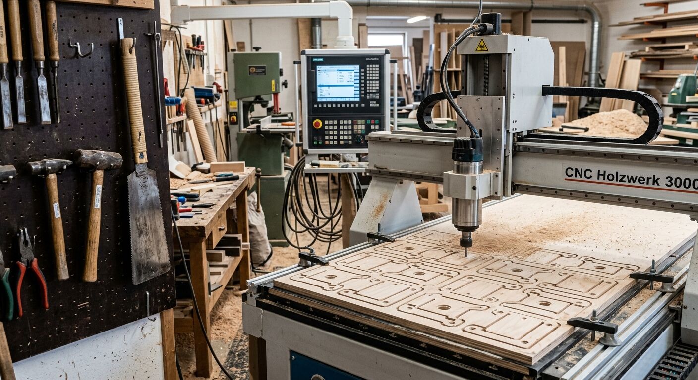 CNC-Maschine fräst Holzplatte in einer gut ausgestatteten Schreinerwerkstatt