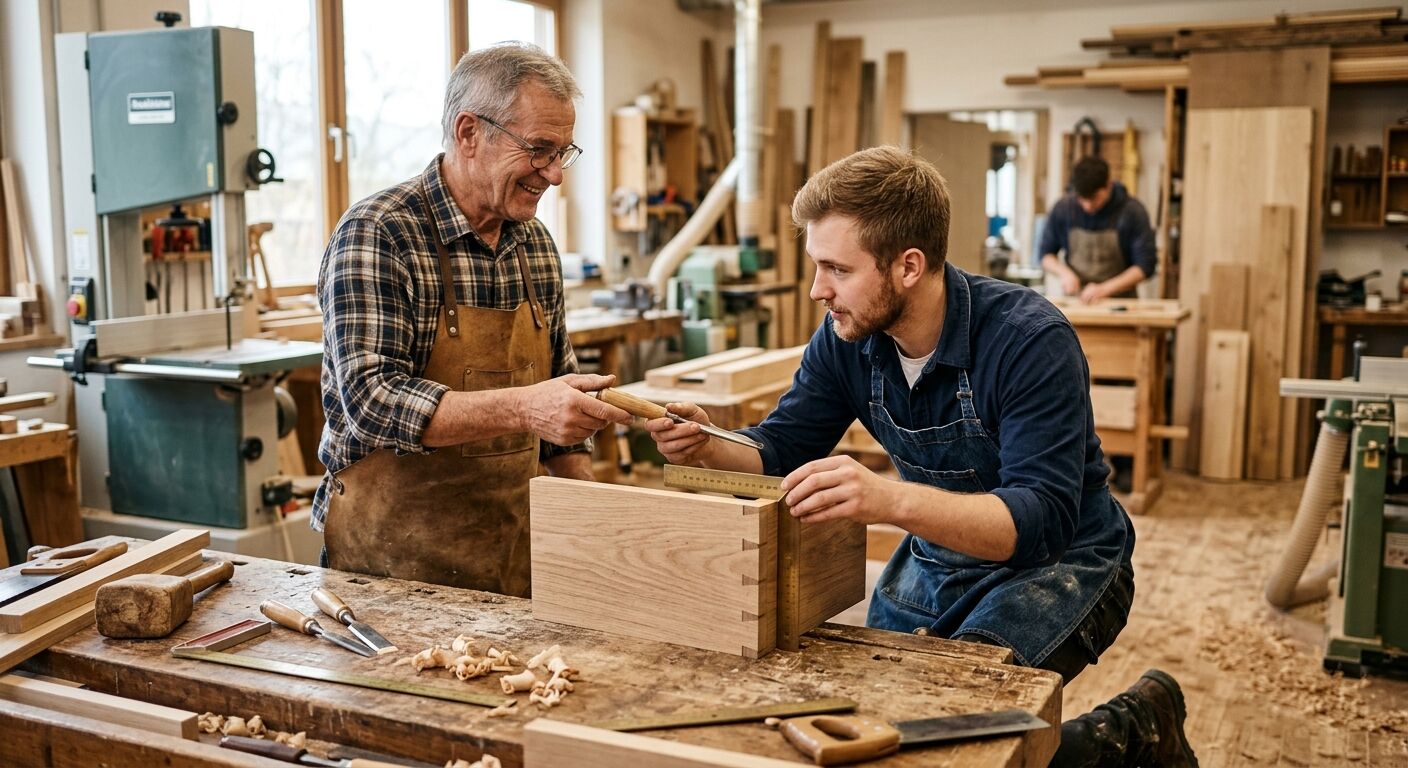 Älterer und jüngerer Tischler arbeiten gemeinsam an einem Holzwerkstück in einer Werkstatt