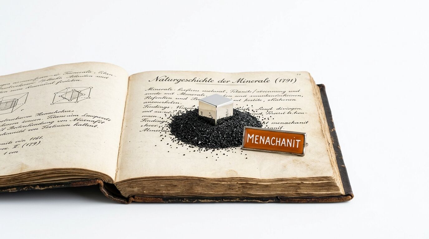Geöffnetes Buch mit Menachanit-Granulat, Metallwürfel und Namensschild davor