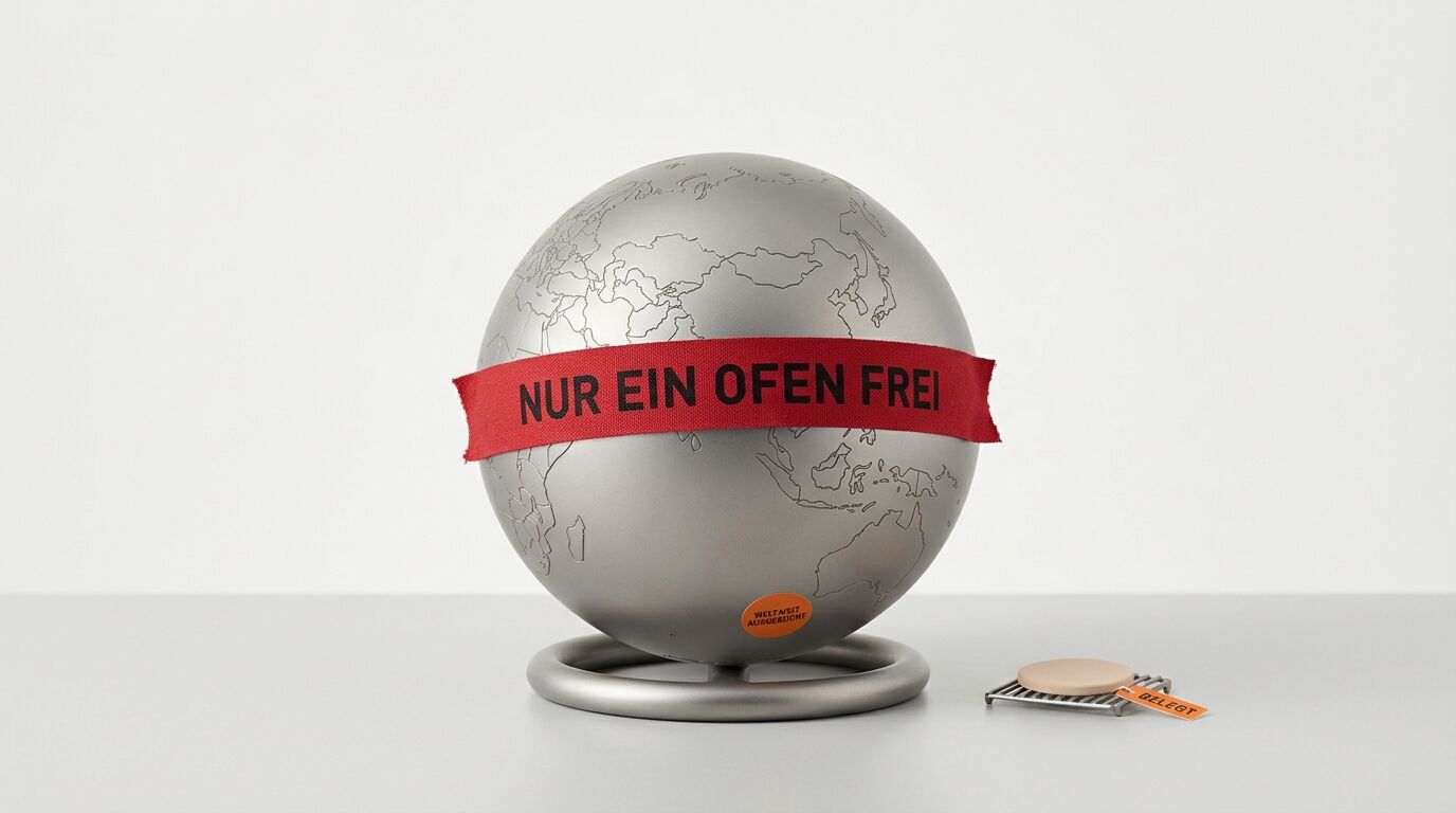 Metallerner Globus mit roter Banderole „NUR EIN OFEN FREI“ und kleinem Rost daneben