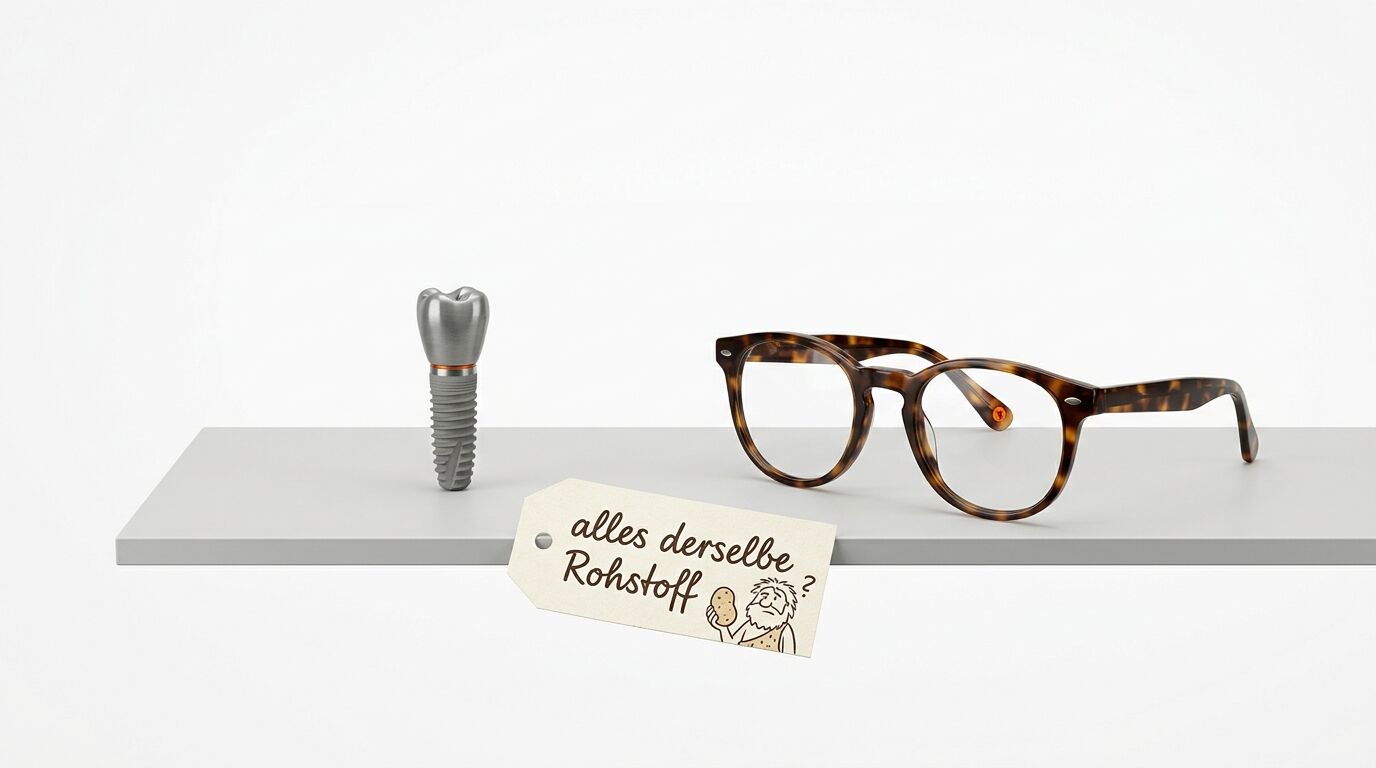 Ein Zahnimplantat, eine Brille und ein Anhänger mit Text liegen auf einem Regal