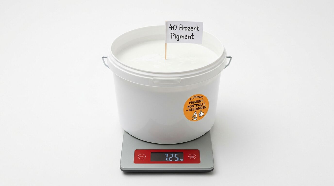 Weißer Farbeimer auf Waage mit 7.25 kg Anzeige. Beschriftet mit 40 Prozent Pigment