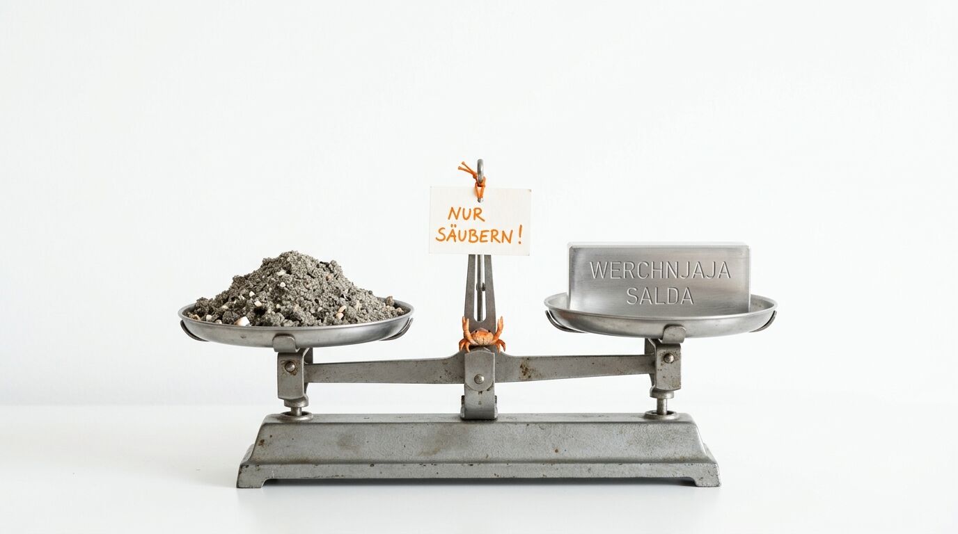 Waage im Gleichgewicht mit Sand links, Metallbarren rechts und Schild in der Mitte