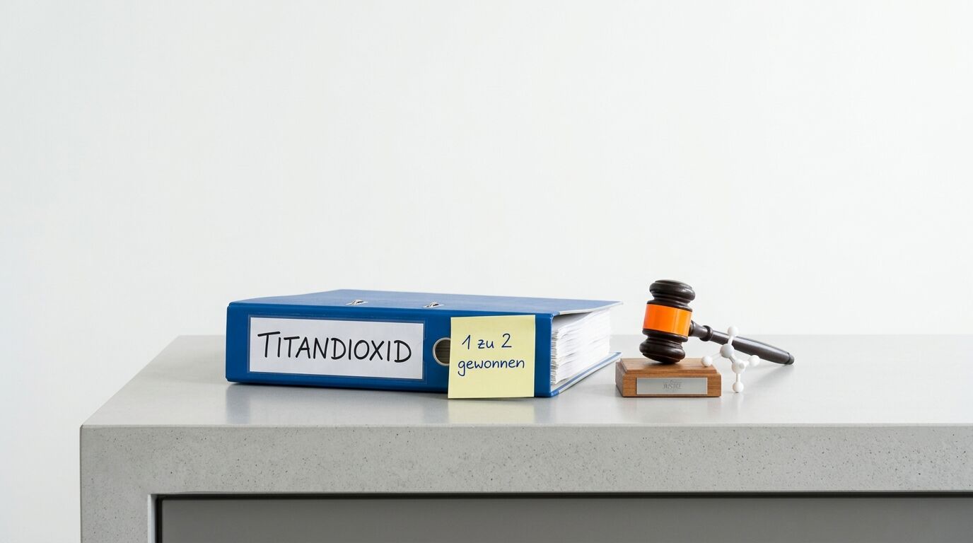 Ordner mit Aufschrift Titandioxid, Klebezettel, Richterhammer und Molekülmodell auf einem Tisch