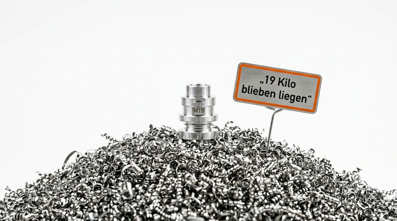 Haufen Metallspäne mit Drehteil und Schild, weißer Hintergrund