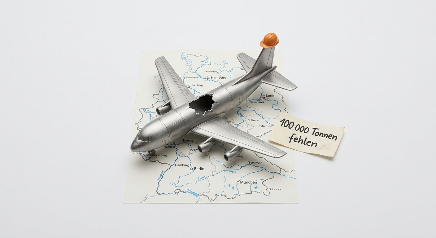 Kaputtes Spielzeugflugzeug auf Deutschlandkarte mit Helm und Zettel „100.000 Tonnen fehlen“