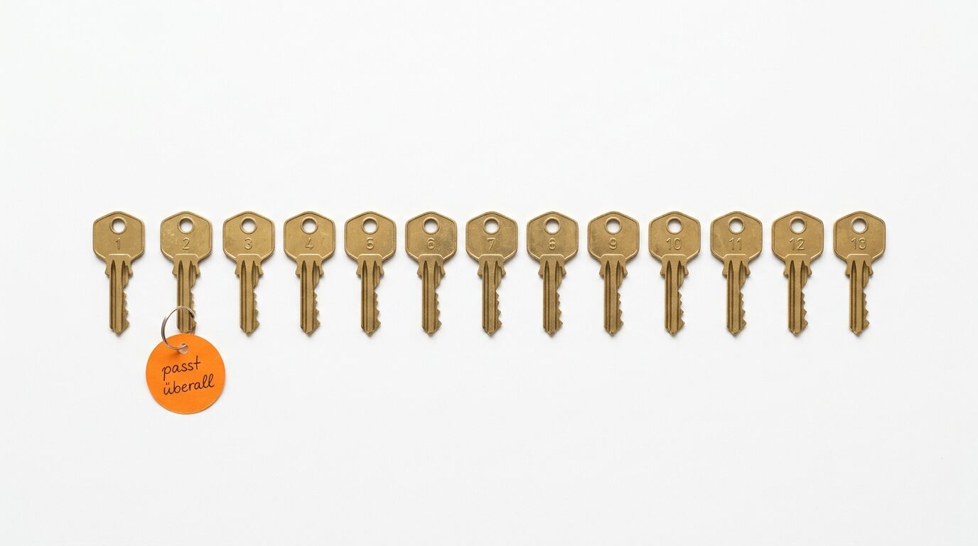 Reihe von 13 Messingschlüsseln (nummeriert 1-13) auf weiß; zweiter mit orangefarbenem Anhänger