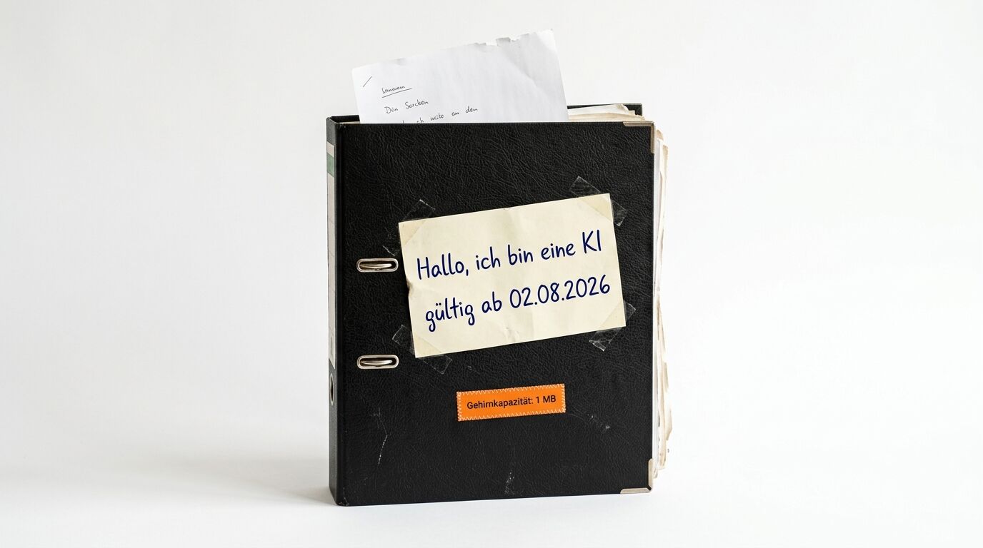 Schwarzer Aktenordner auf weißem Grund mit Notizzettel „Hallo, ich bin eine KI“ und Aufkleber