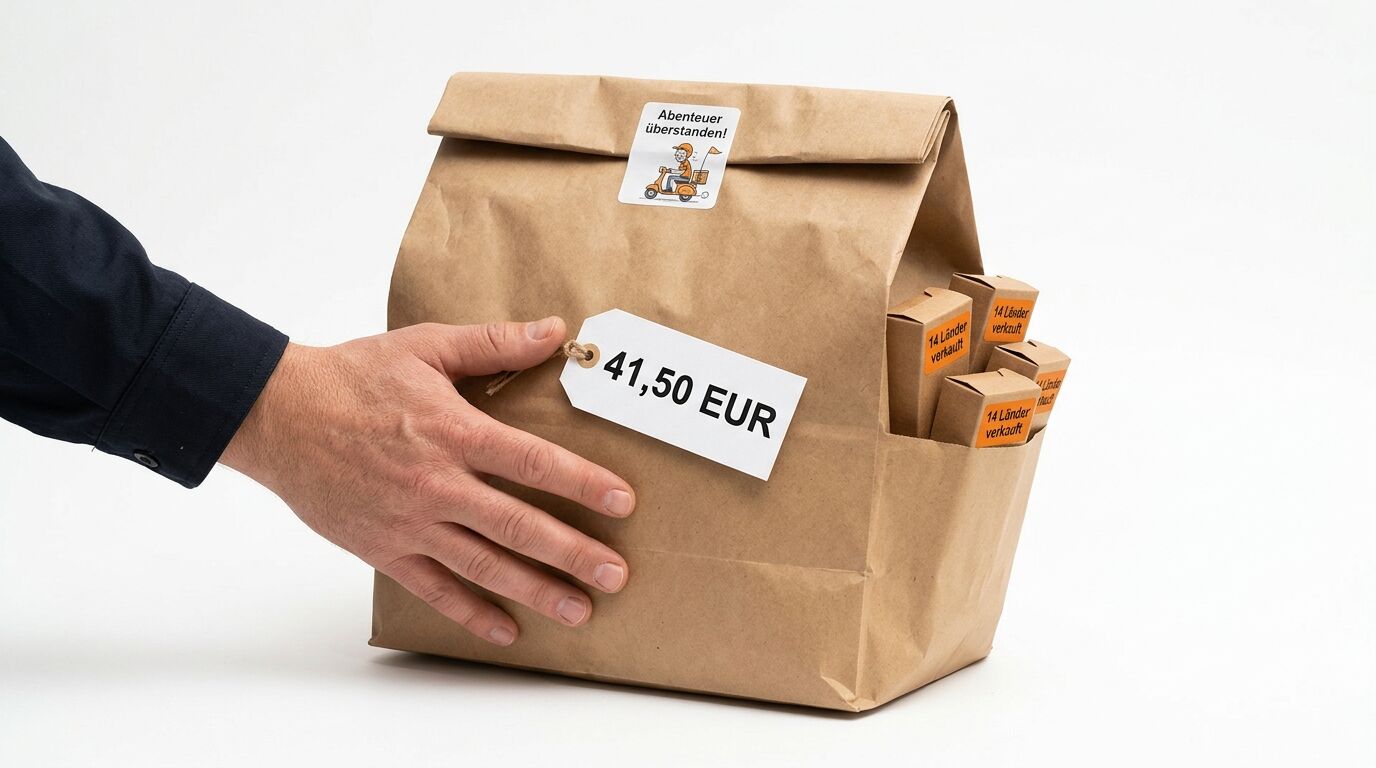Hand greift Papiertüte mit 41,50 EUR Preisschild und Stickern
