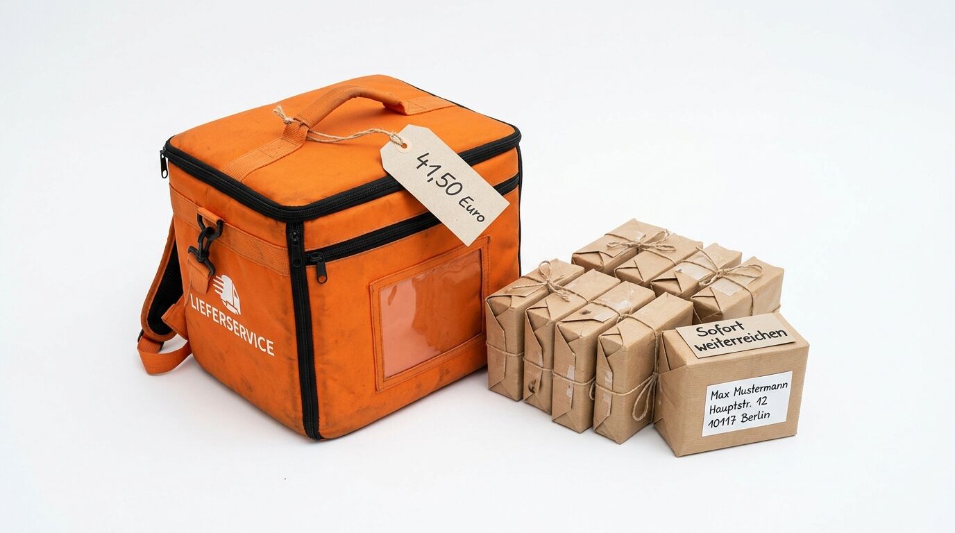 Eine orangefarbene Liefertasche mit Preisschild und daneben gestapelte Pakete auf weißem Grund