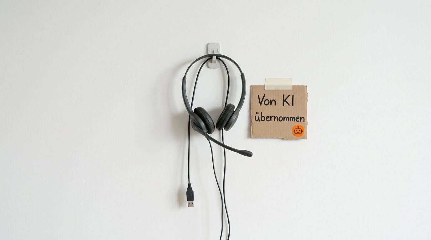 Ein Headset an einem Haken und ein Pappschild mit der Aufschrift „Von KI übernommen“