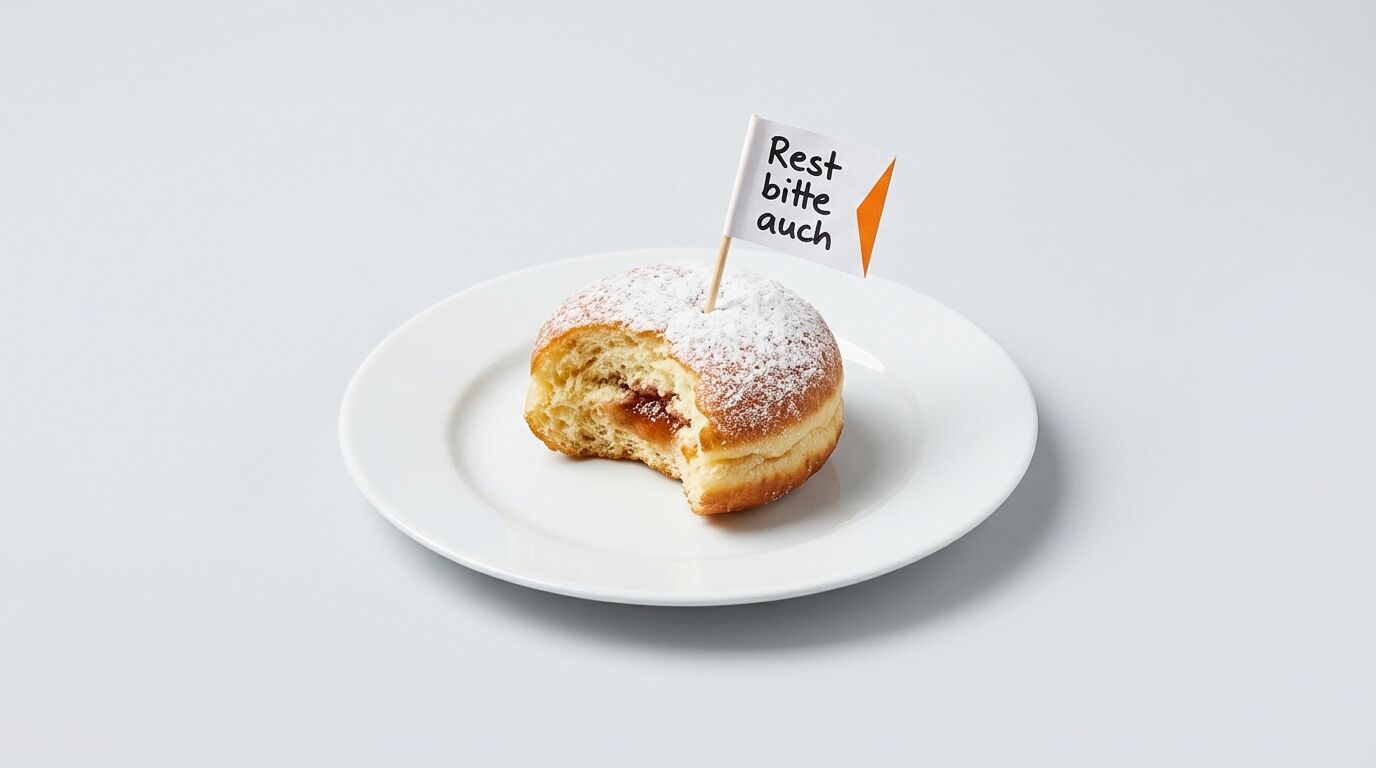 Angebissener Pfannkuchen mit Fähnchen auf weißem Teller auf grauem Grund