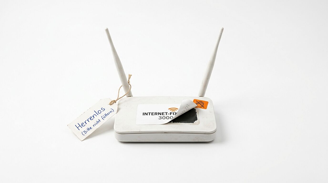 WLAN-Router mit „Herrenlos“-Anhänger und „INTERNET-FIX“-Aufkleber auf Weiß