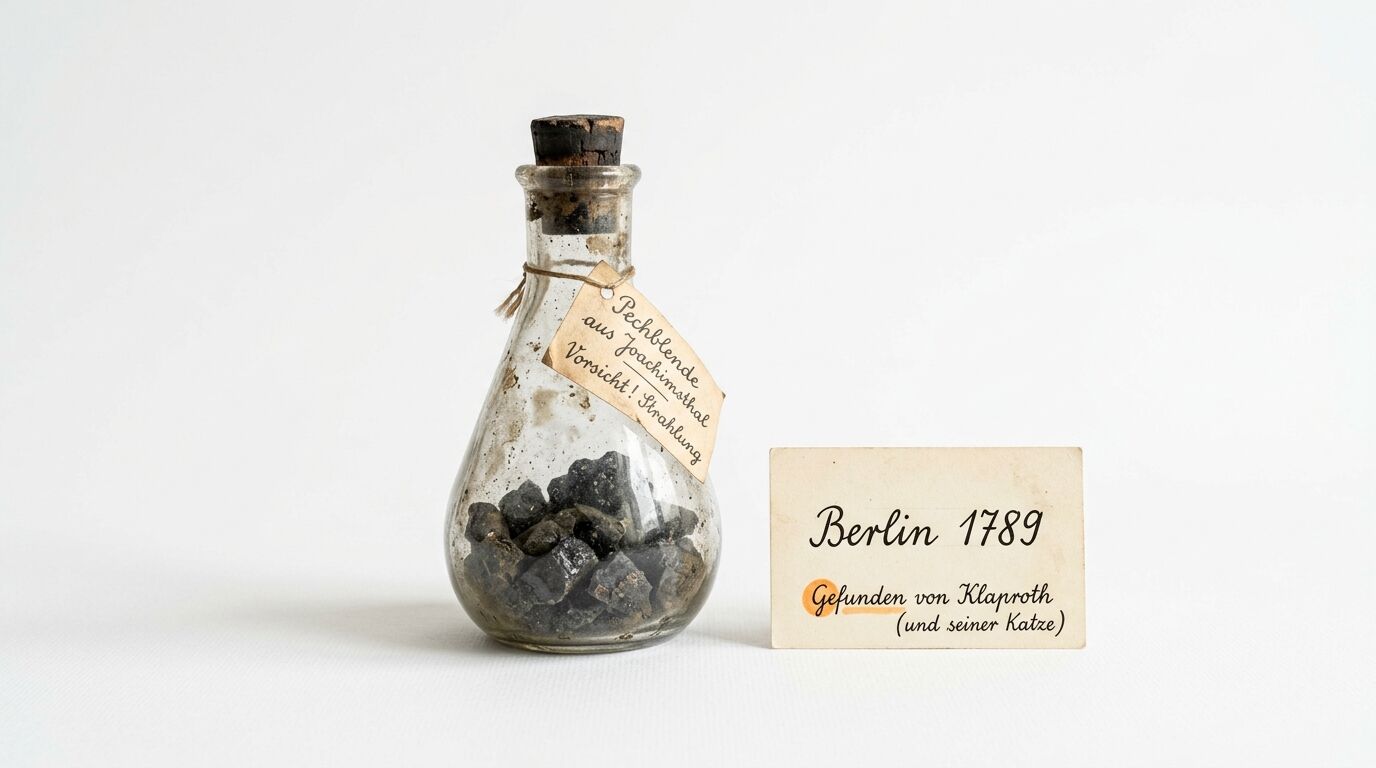 Flasche mit Pechblende, daneben beschriftetes Kärtchen vor weißem Hintergrund