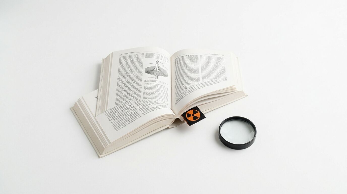 Geöffnetes Buch mit Lesezeichen, das ein Radioaktivität-Symbol zeigt, neben einer Lupe