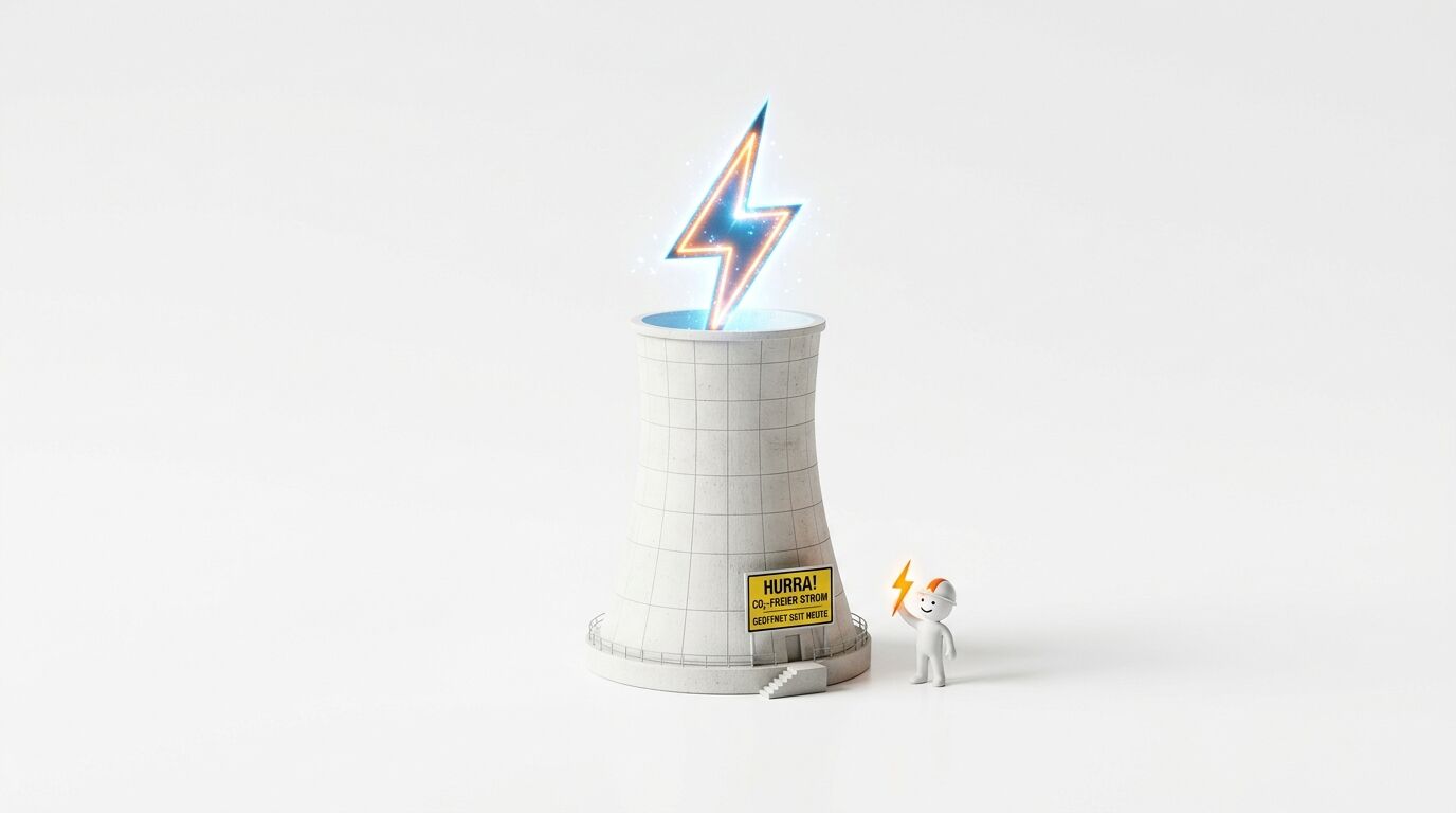 Ein Kühlturm mit einem Blitzsymbol darüber und einem Schild sowie einer Figur davor