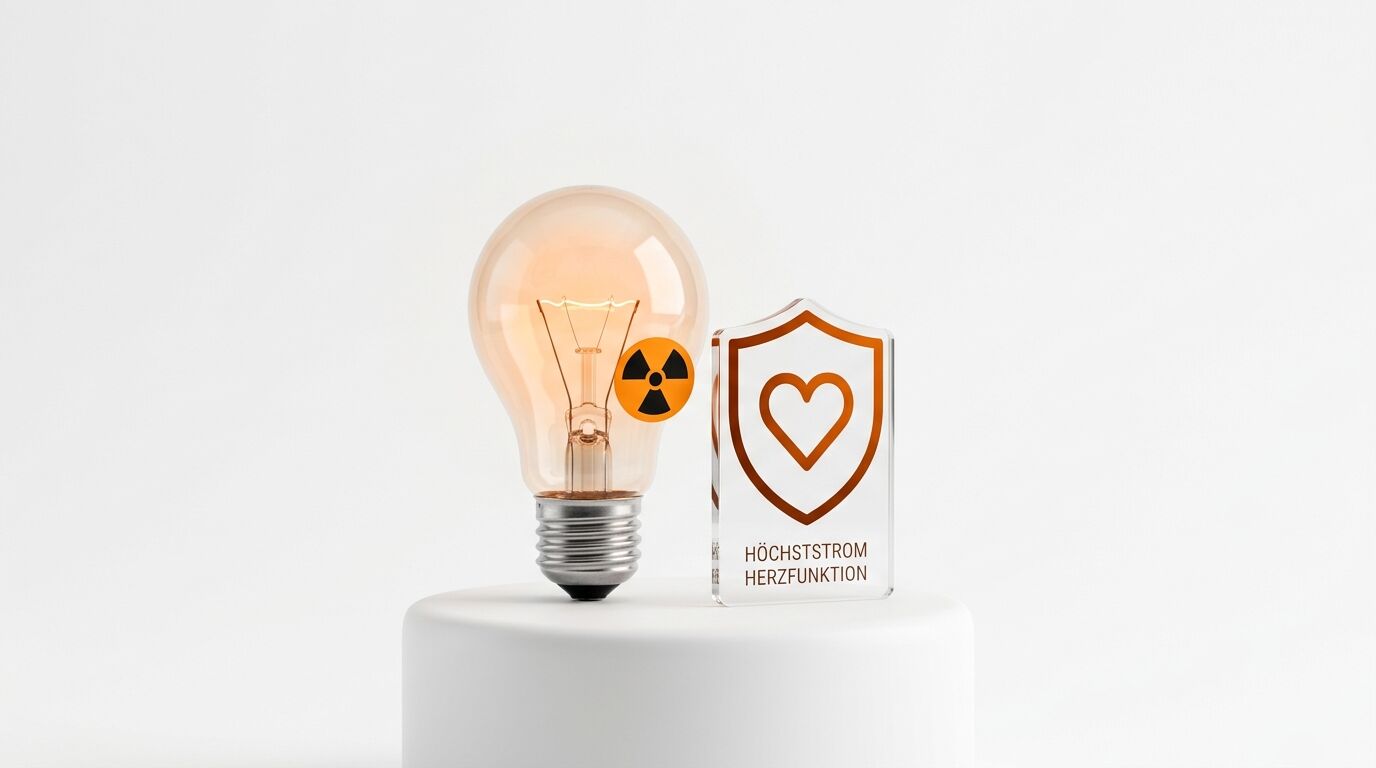 Leuchtende Glühbirne mit Strahlensymbol und Plexiglasschild mit Herzsymbol auf weißem Podest vor weißem Hintergrund