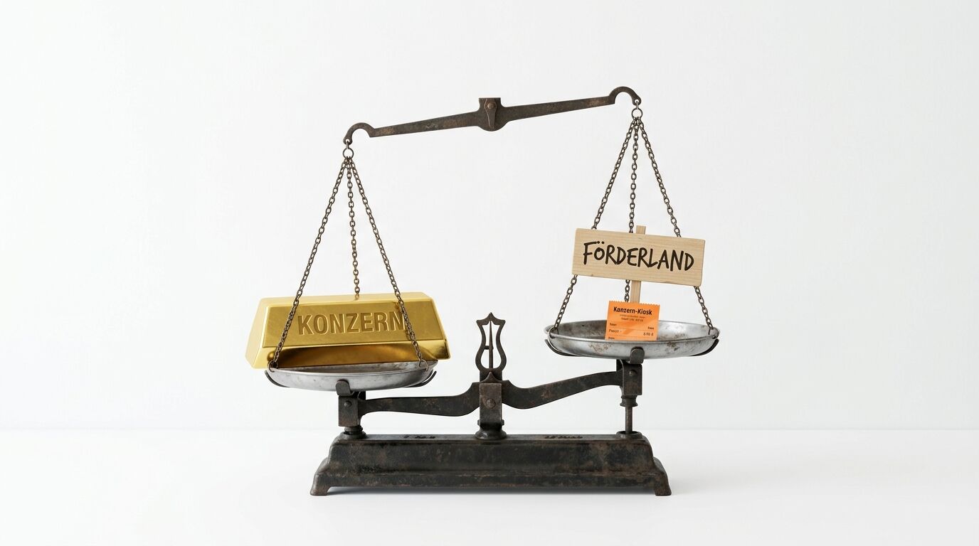Balkenwaage: Goldbarren „KONZERN“ links senkt sich gegen Holzschild „FÖRDERLAND“ rechts