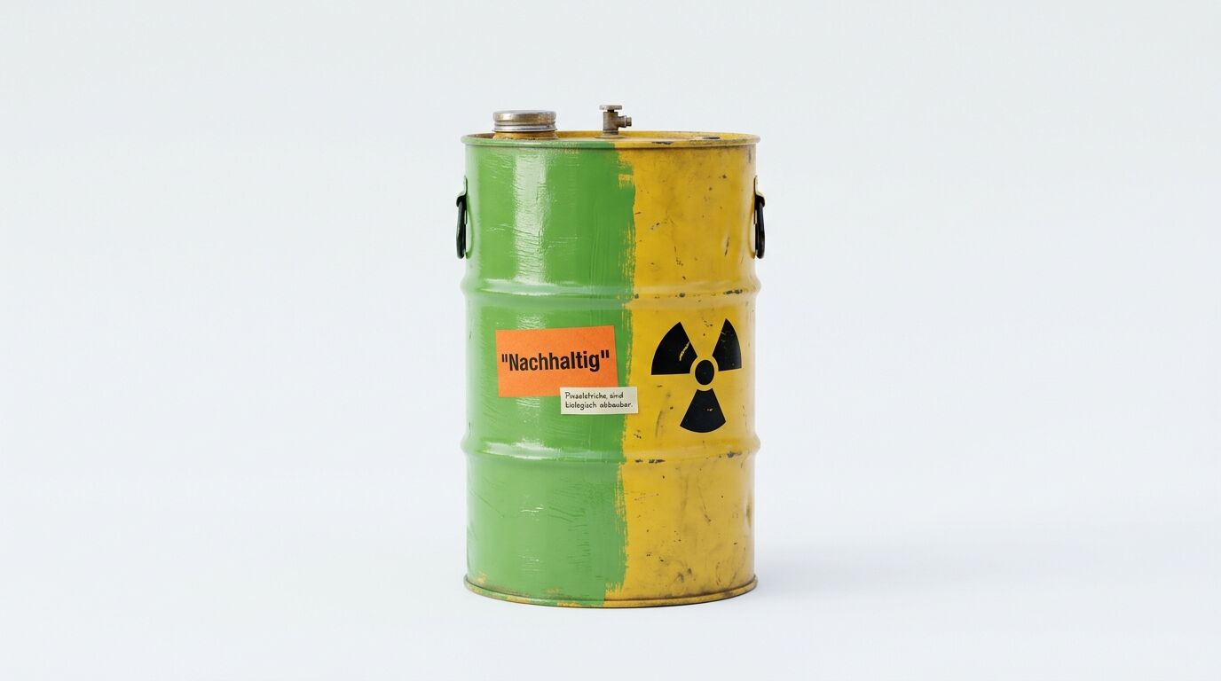 Grün-gelbe Tonne mit Radioaktivitäts-Symbol und einem Aufkleber mit der Aufschrift „Nachhaltig“