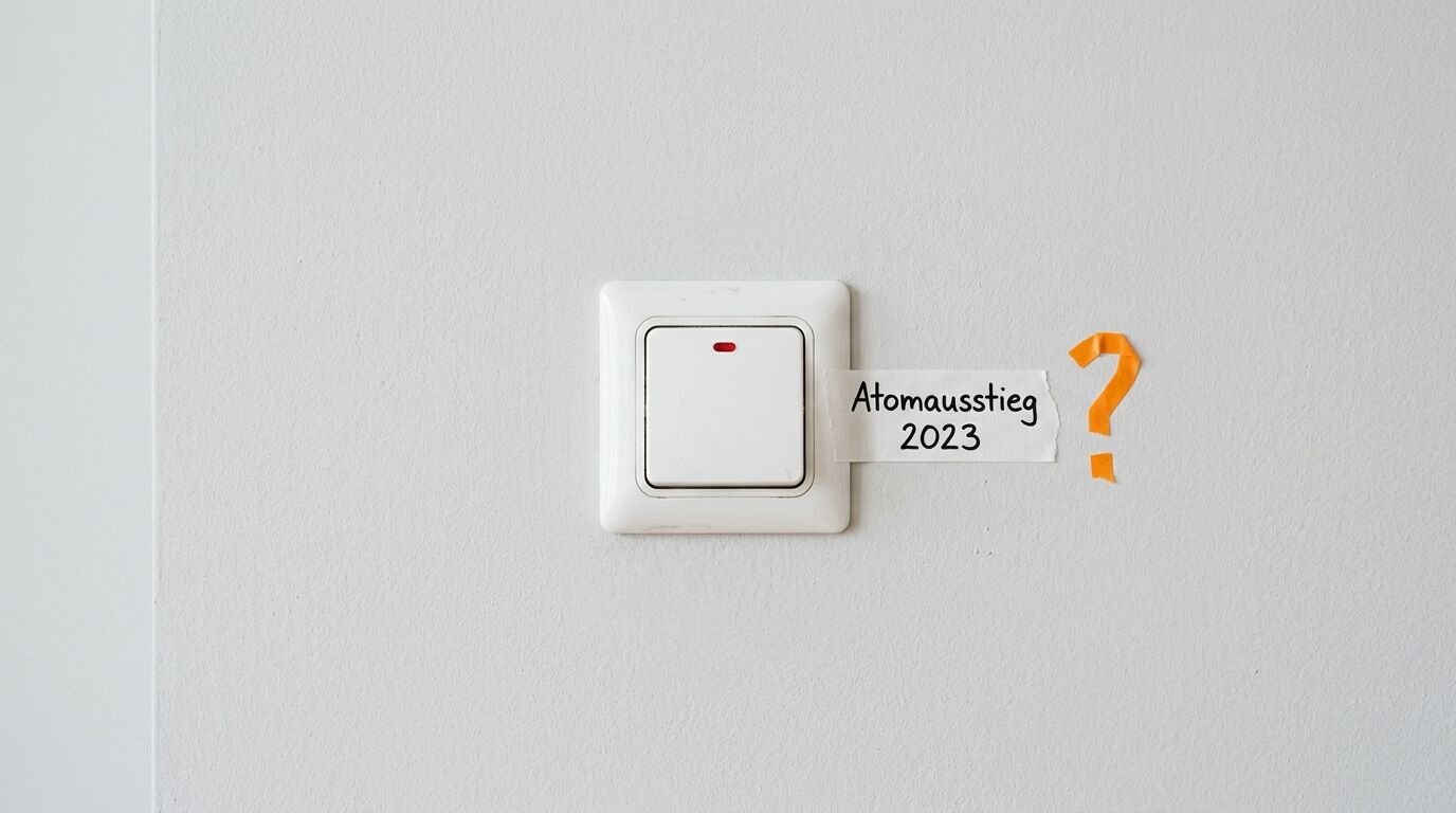 Lichtschalter mit Zettel „Atomausstieg 2023“ und Fragezeichen aus Klebeband