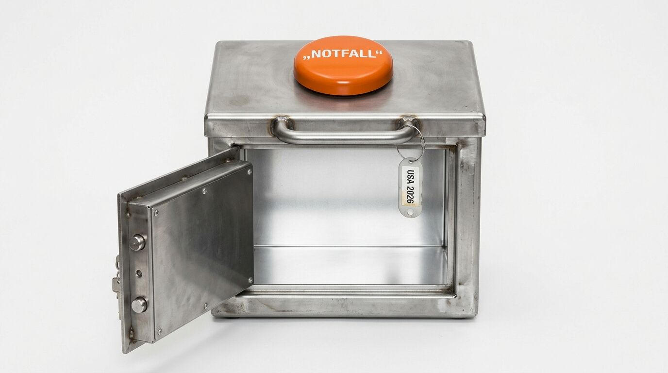 Offener Metall-Tresor, orangefarbener Notfall-Knopf oben, Etikett USA 2026