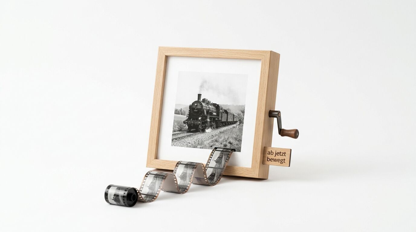 Holzrahmen mit Zugfoto, Filmspule, Kurbel und Text „ab jetzt bewegt“ vor weißem Grund
