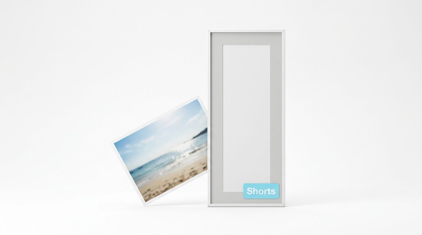 Ein vertikaler Rahmen mit „Shorts“-Schild lehnt an einem horizontalen Strandfoto vor Weiß