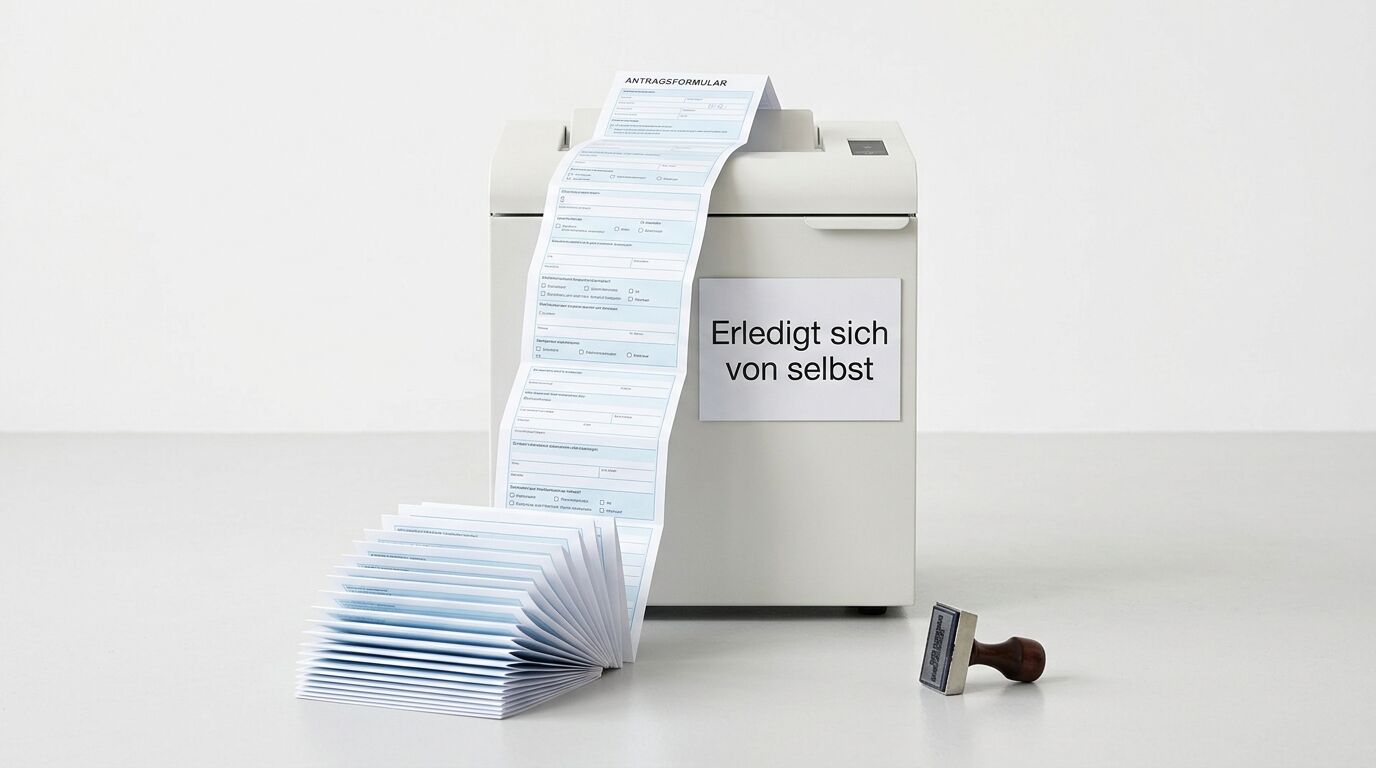 Drucker mit gefaltetem Antragsformular, Notizzettel und Stempel
