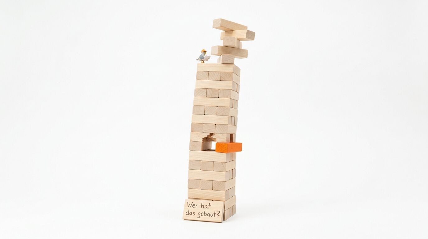 Schiefer Turm aus Holzklötzen mit orangerom Stein und Bauarbeiter-Figur auf weißem Grund