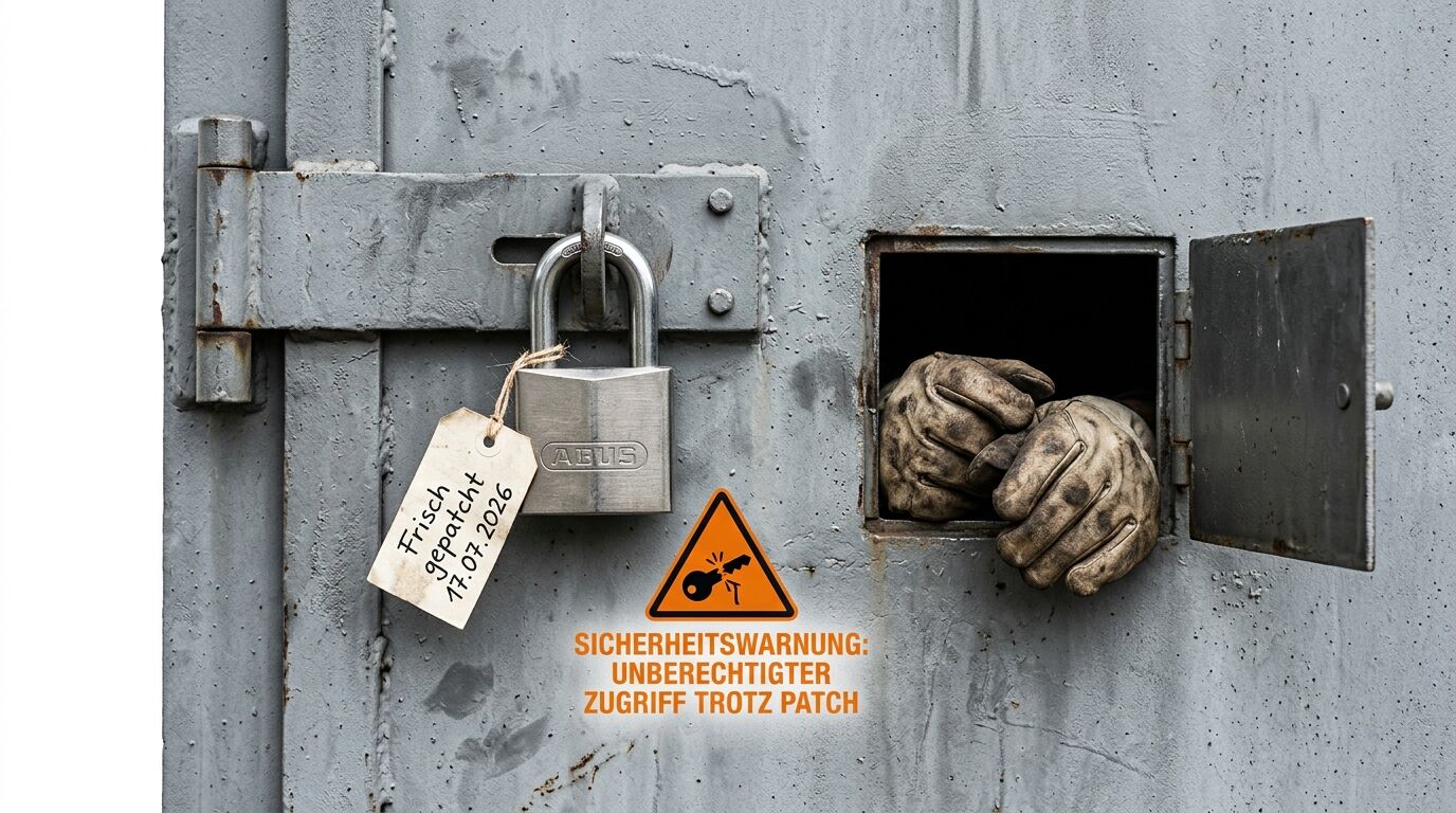 Trotz Vorhängeschloss mit Patch-Zettel greifen Handschuhe durch eine offene Klappe im Tor