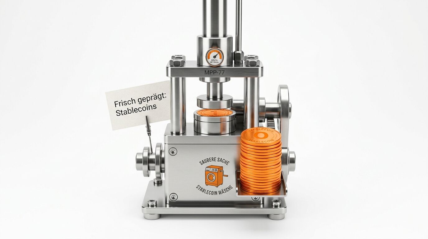 Münzpresse mit Stapel oranger Münzen, Aufschrift „SAUBERE SACHE STABLECOIN WÄSCHE“ und Notizzettel