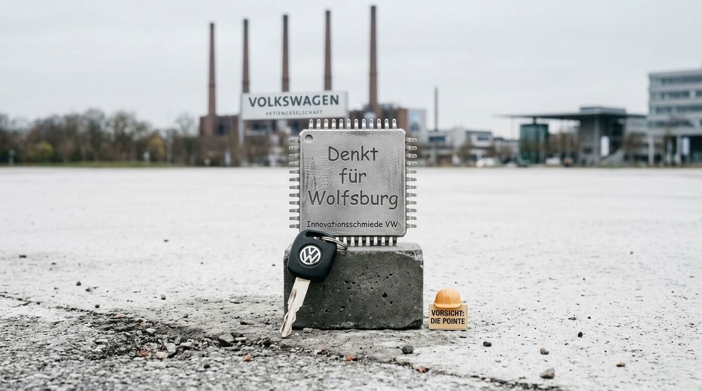 Modell-Mikrochip mit VW-Schlüssel vor dem Wolfsburger VW-Werk; im Vordergrund kleiner Bauhelm