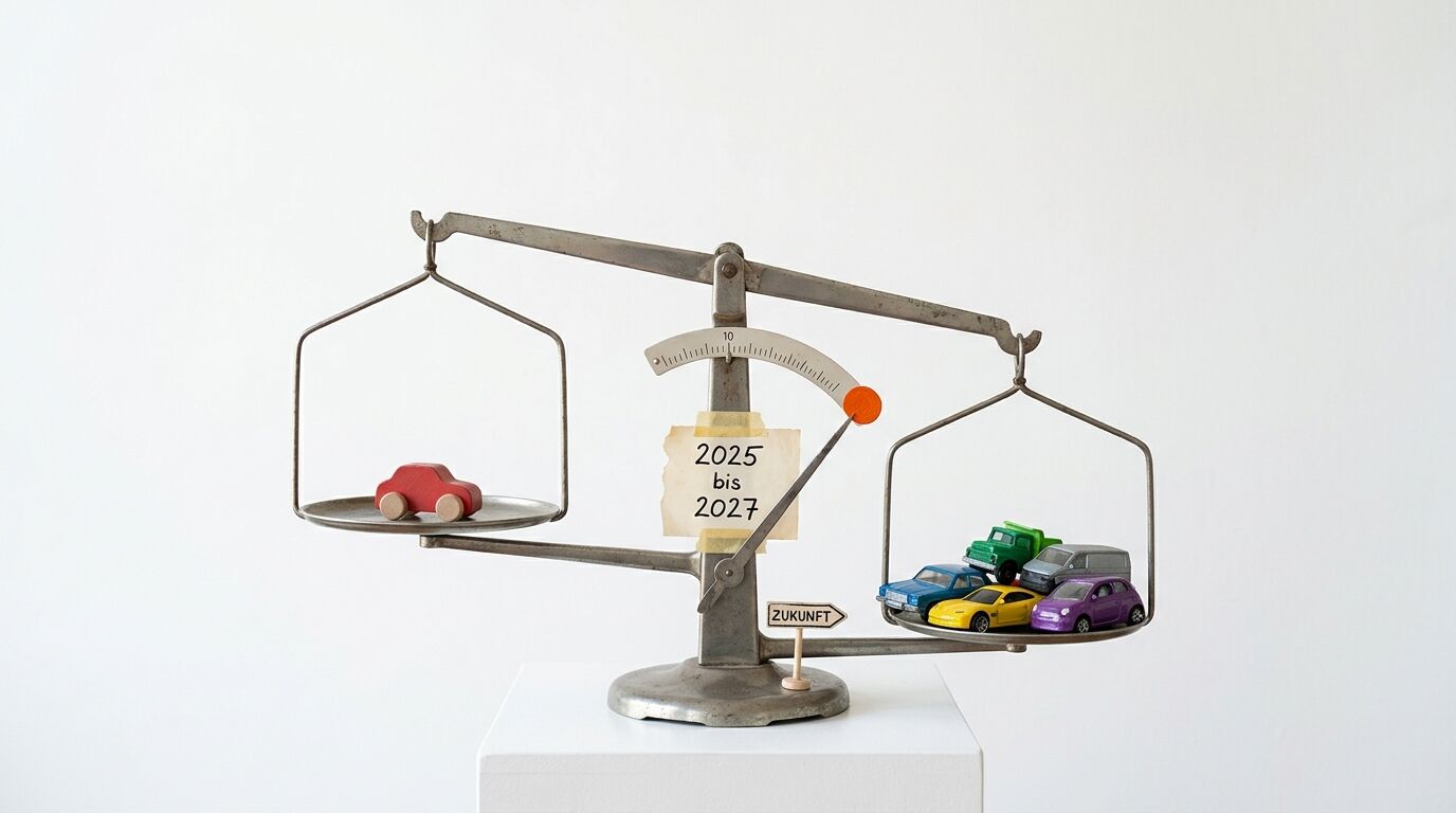 Waage mit einem roten Holzauto links, mehreren Spielzeugautos rechts und Texten zur Zeit