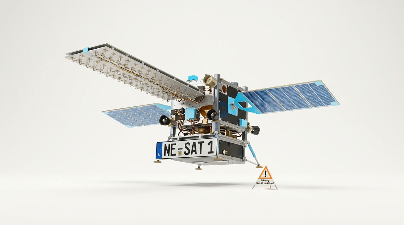 Ein Satellitenmodell mit Solarpaneelen, Antenne und dem Kennzeichen NE-SAT 1 vor hellem Grund