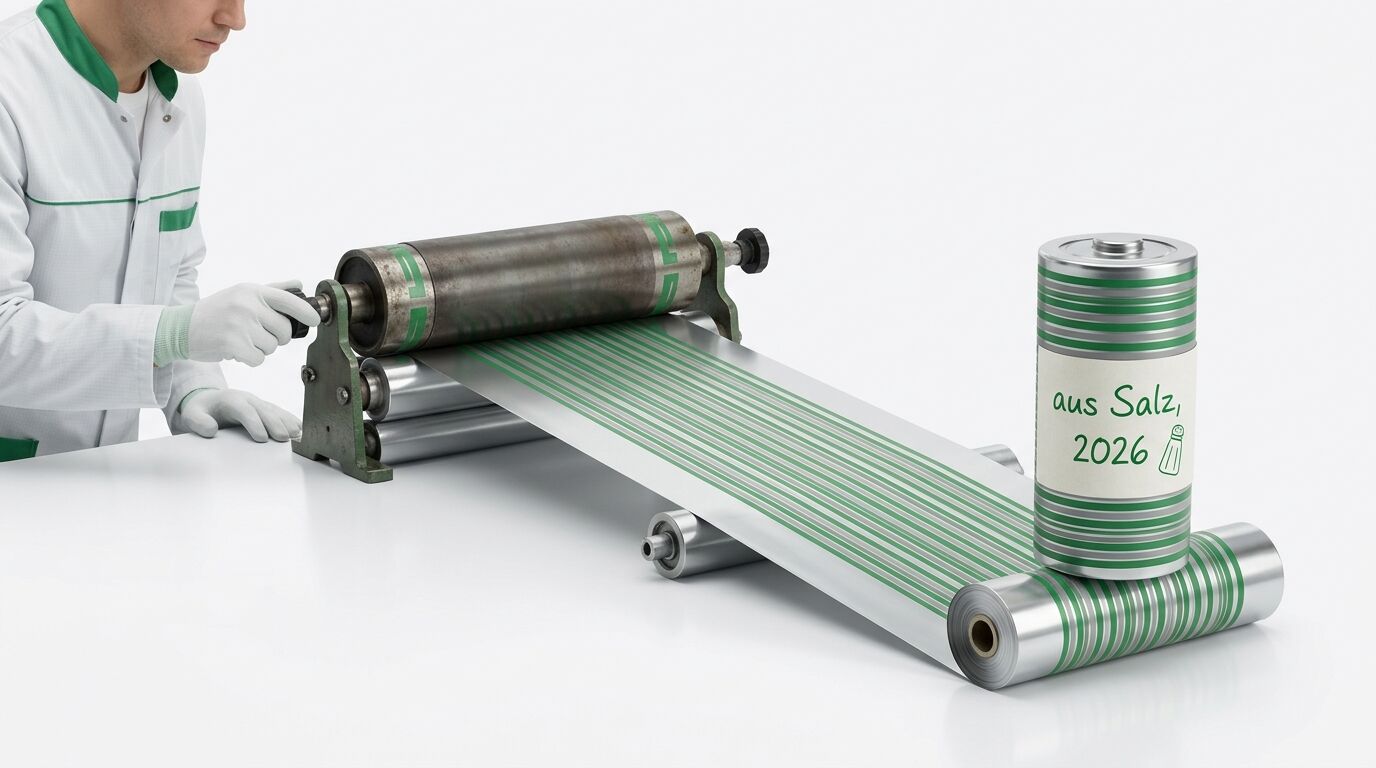 Person bedient Walzmaschine, daneben Batterie mit Beschriftung „aus Salz, 2026“