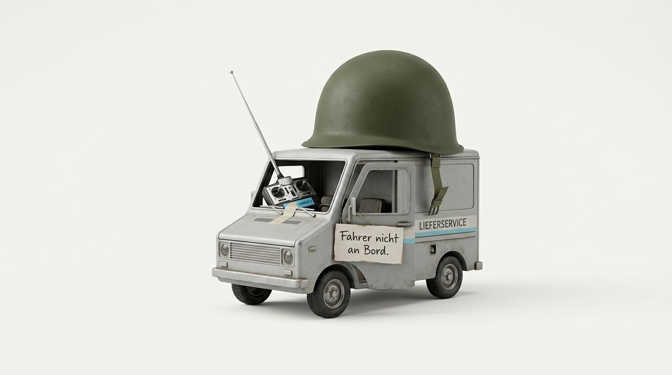 Miniatur-Lieferwagen mit Stahlhelm, Fernbedienung und Schild „Fahrer nicht an Bord“