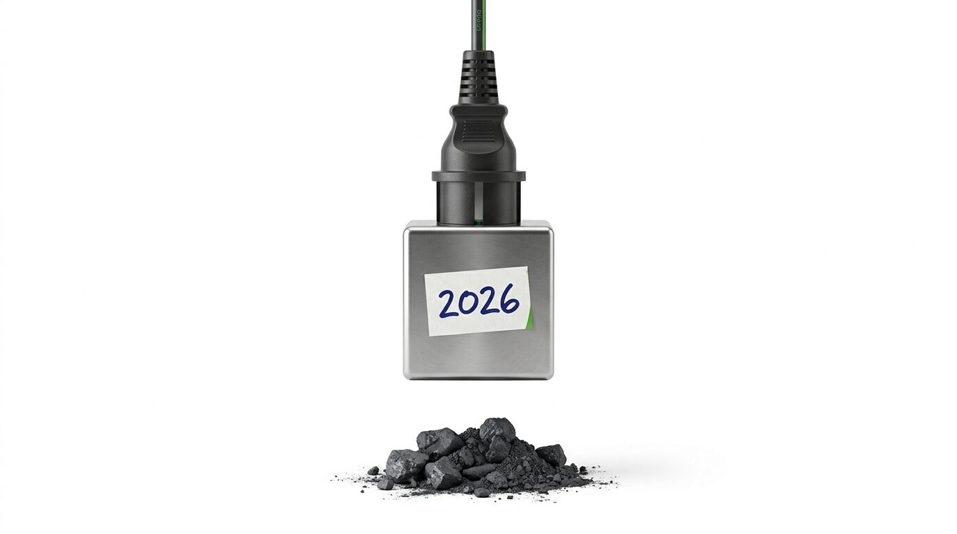 Schuko-Stecker mit Metalladapter, darauf ein Notizzettel „2026“, schwebt über einem Haufen Kohle