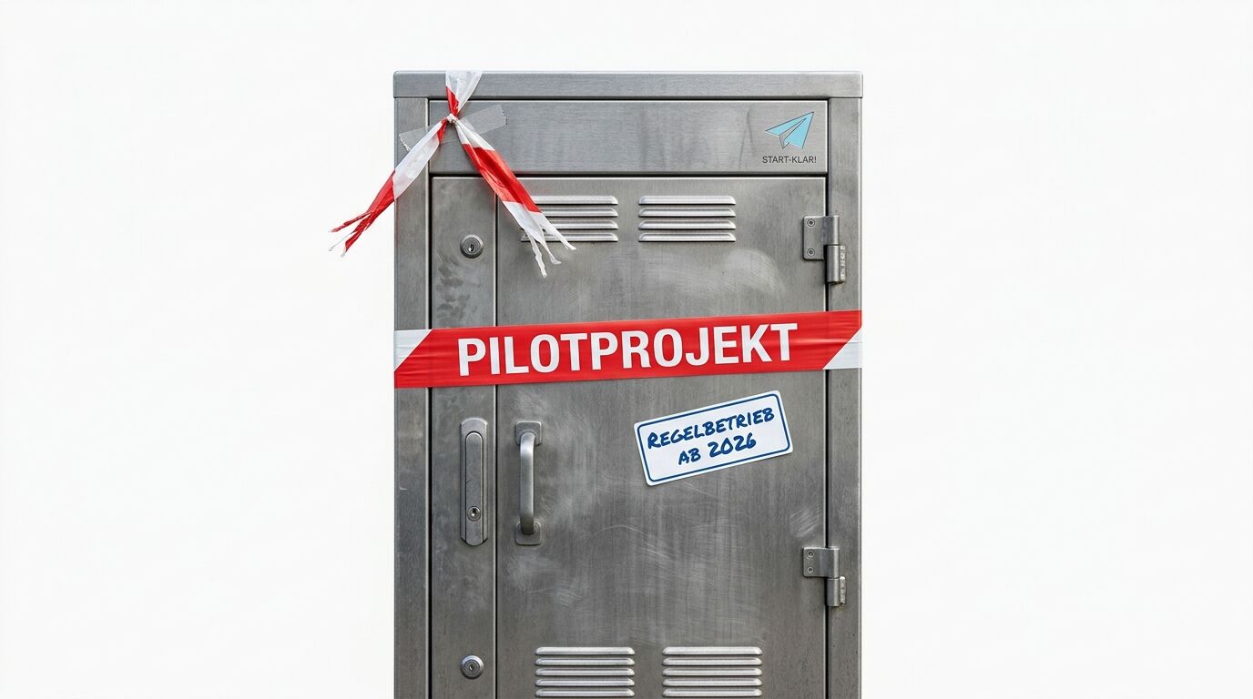 Stahlschrank mit Absperrband „PILOTPROJEKT“ und Schild „REGELBETRIEB AB 2026“ vor Weiß