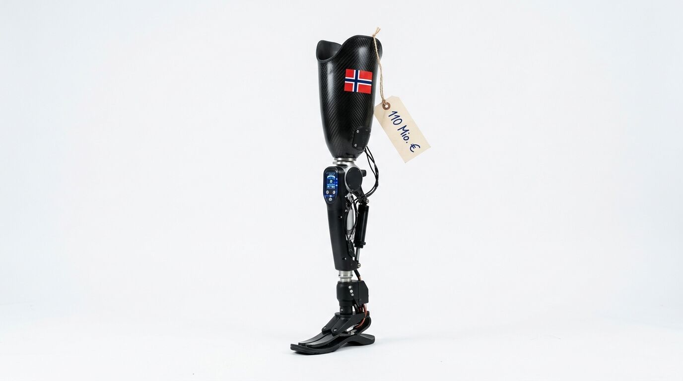 Beinprothese mit Norwegen-Flagge und Preisschild „110 Mio. €“ vor weißem Hintergrund