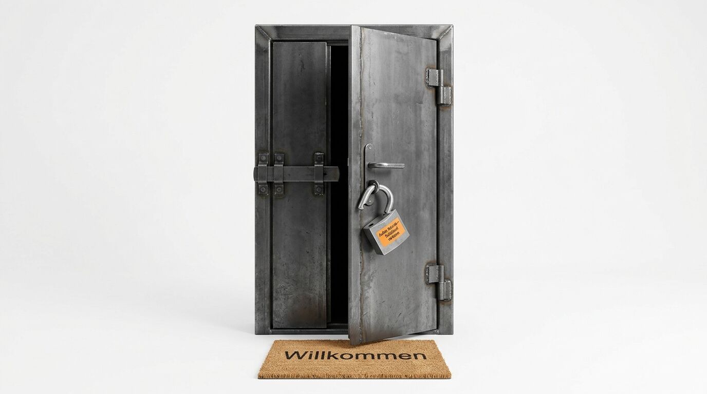Metalltür, einen Spalt breit geöffnet, mit einem Vorhängeschloss daran. Davor liegt eine Fußmatte