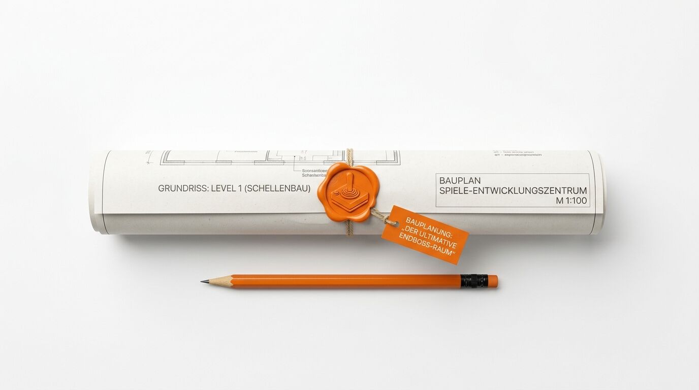 Gerollter Bauplan mit orangefarbenem Lacksiegel und Bleistift davor