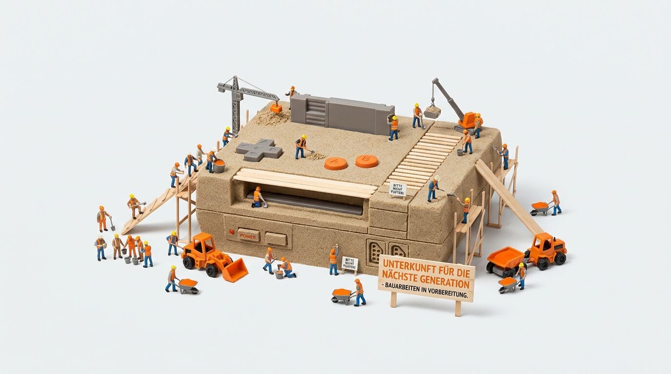 Miniaturarbeiter bauen eine Sand-Konsole, Schild mit Text „UNTERKUNFT FÜR DIE NÄCHSTE GENERATION“