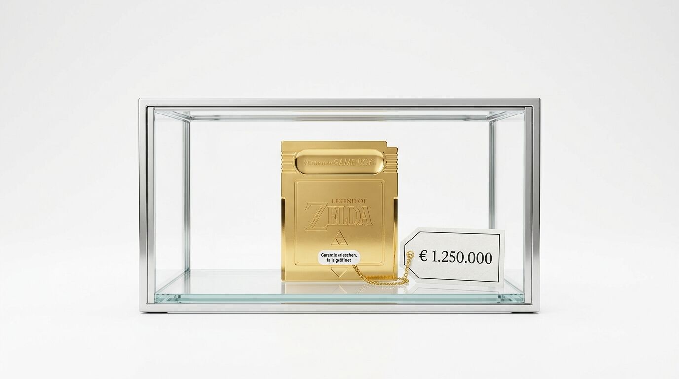 Goldenes Zelda-Gameboy-Spiel in Vitrine mit Preisschild von € 1.250.000, auf weißem Grund