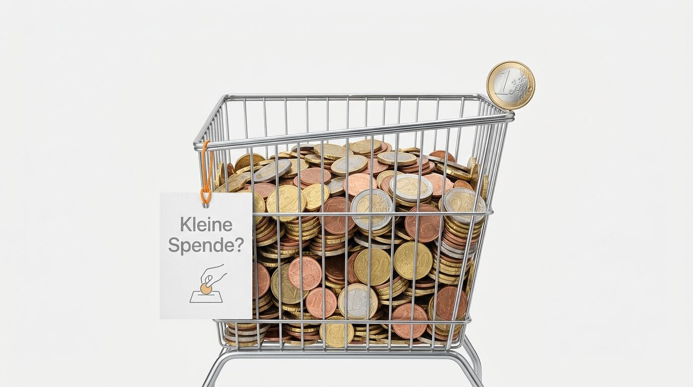 Einkaufswagen voller Euro-Münzen mit Spendenaufforderungsschild und Ein-Euro-Münze am Griff