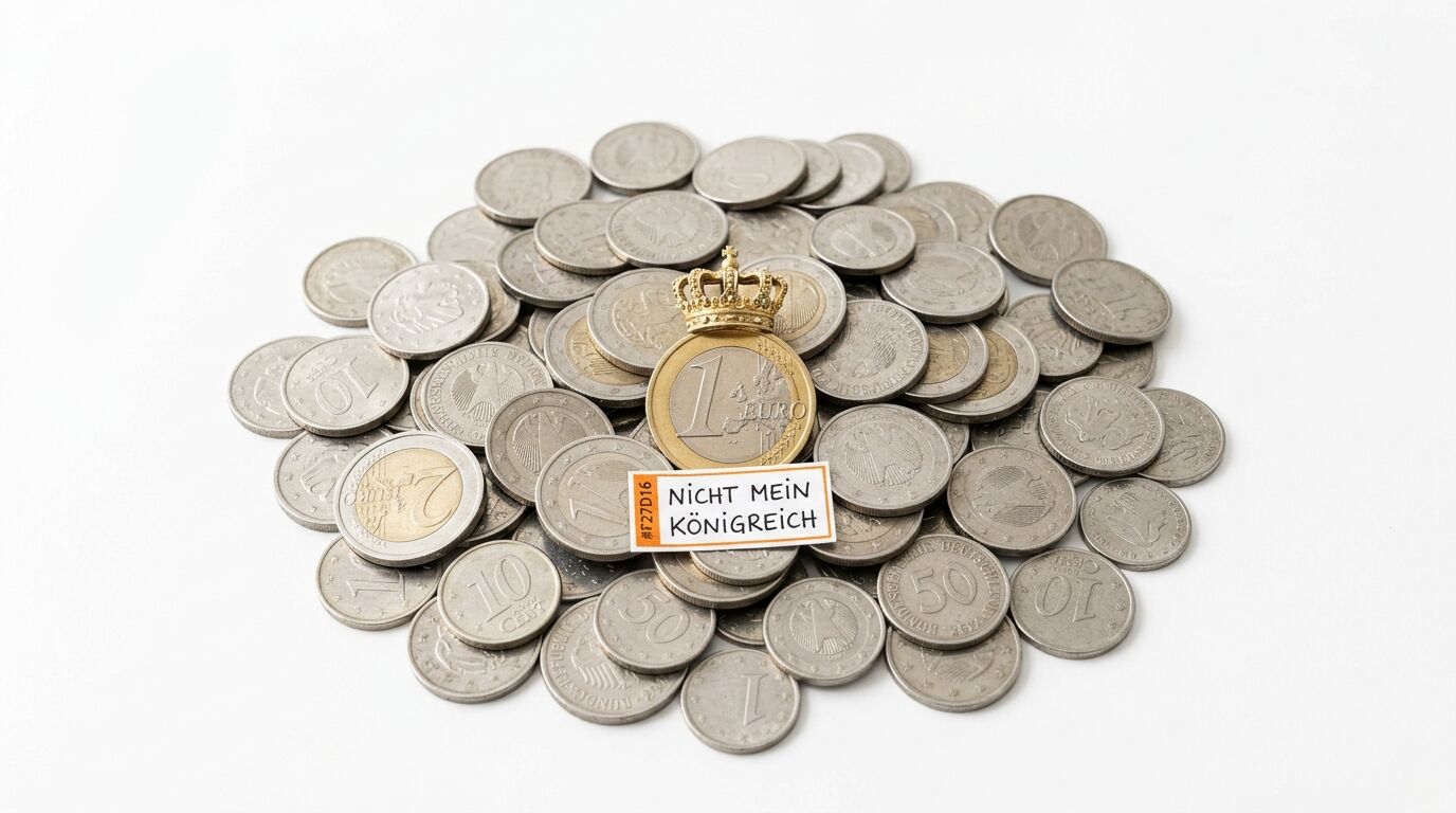 Münzen mit einer 1-Euro-Münze, darauf eine Krone und ein Schild mit 