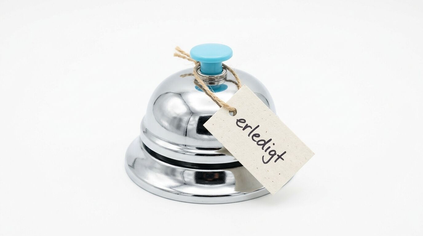 Tischglocke mit blauem Knopf und Anhänger mit Aufschrift