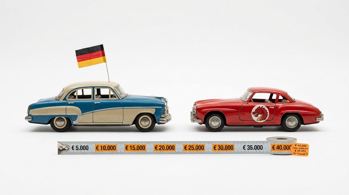 Zwei Spielzeugautos auf einer gerollten Geld-Messskala