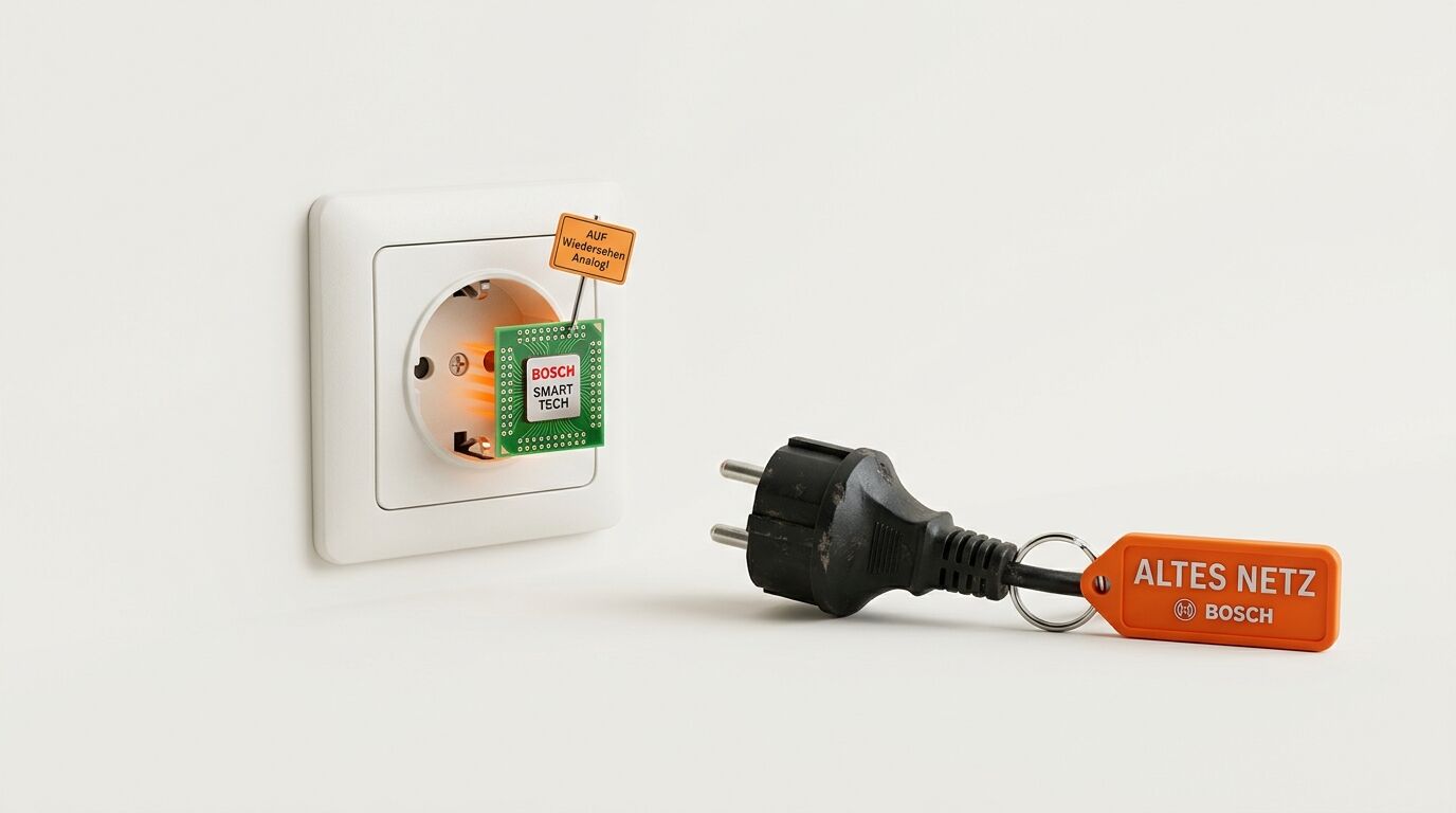 Ein Bosch Smart Tech Chip steckt in einer Steckdose neben einem Schuko-Stecker
